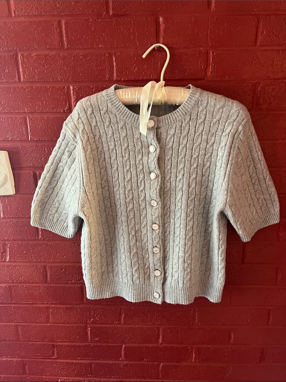 bishop + young Light Gray Short-Sleeve Cable-Knit Button Cardigan